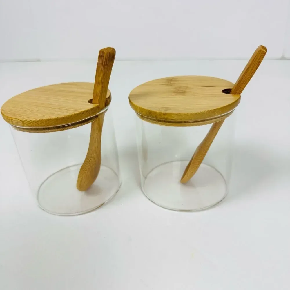 2 PCS Clear Glass Condiment Canister Set with Bamboo Lid & Spoon